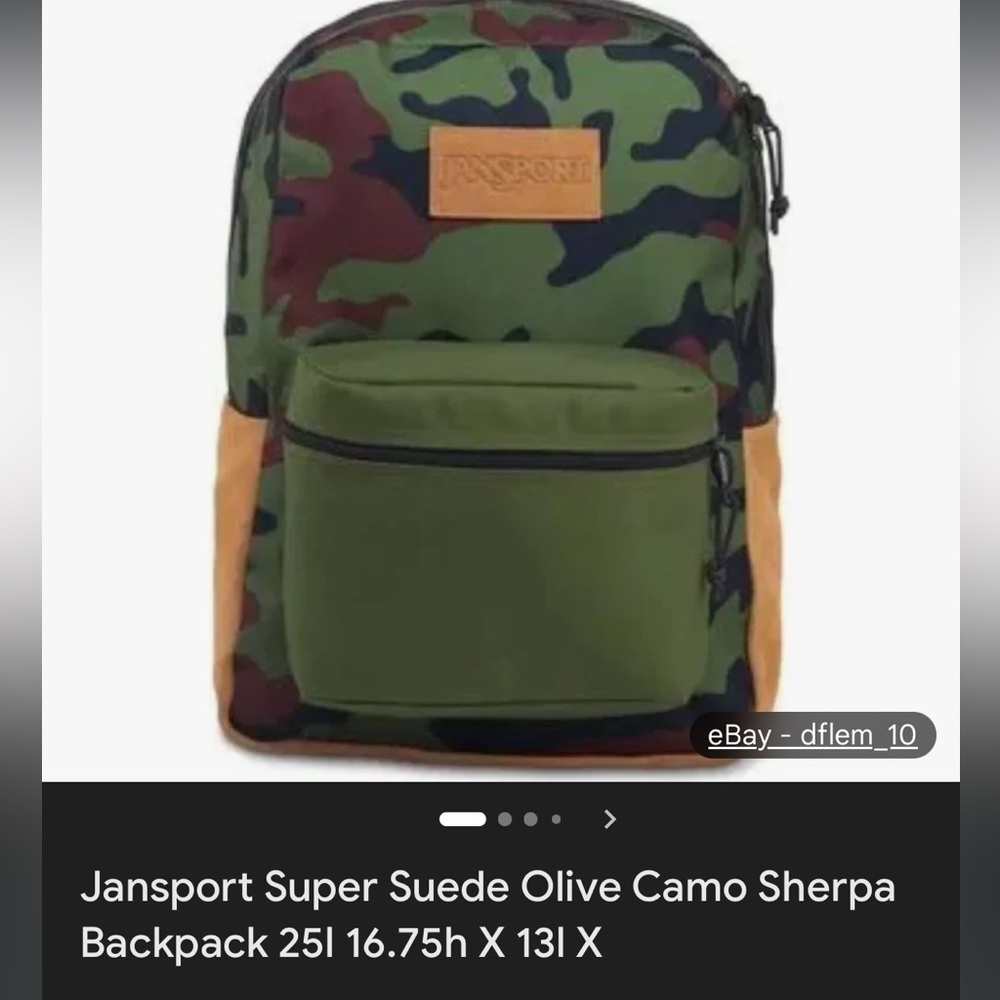 Jansport Super Suede Olive Camo Sherpa
Backpack 25L 16.75H X 13L X 8.5D